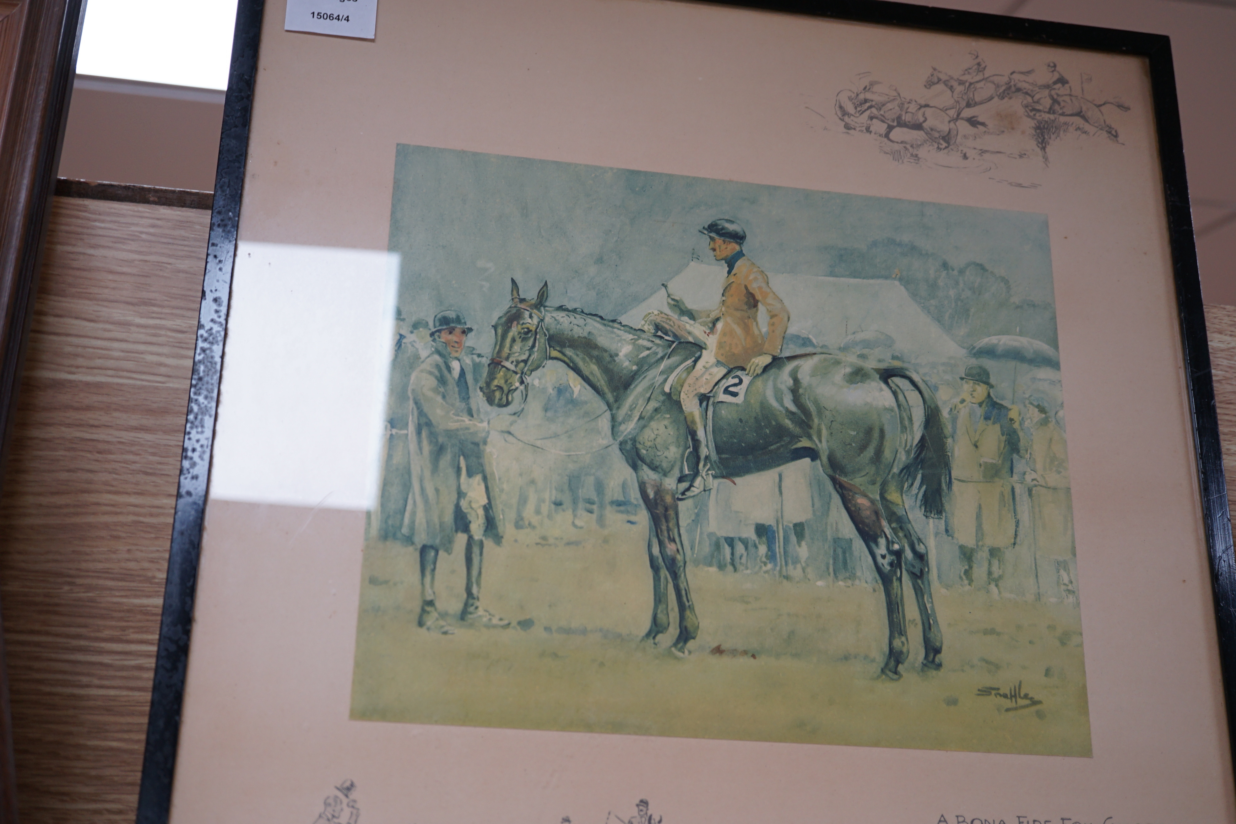 Charles Johnson Payne ‘Snaffles’ (1884-1967), two colour prints comprising, ‘The babbling brook’ & ‘A bona fide fox chaser’, one signed in pencil, 46 x 43cm. Condition - fair, a little faded